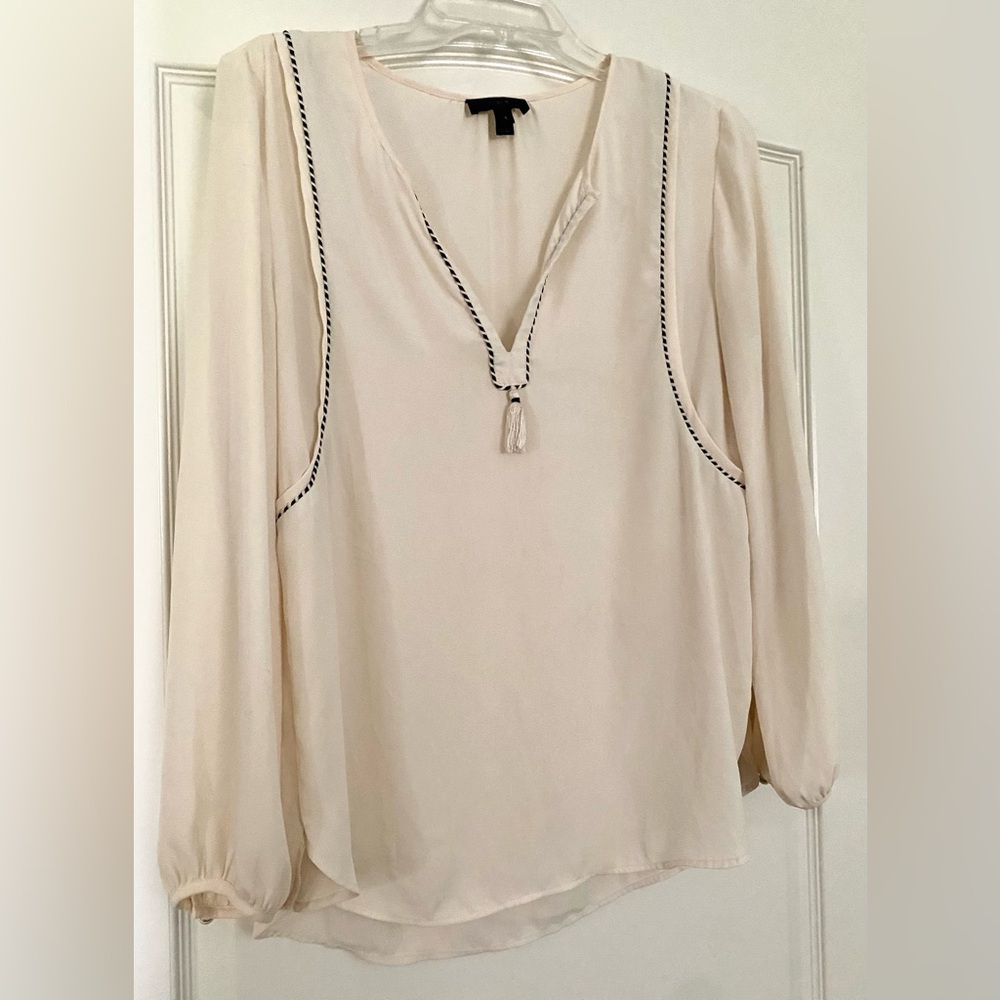 J. Crew Cream Blouse with Black Accents and tassel - Picture 3 of 10